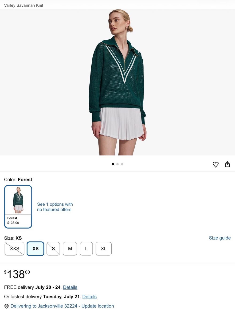 Varley Forest Green Knit Zip Sweater with White Stripes
